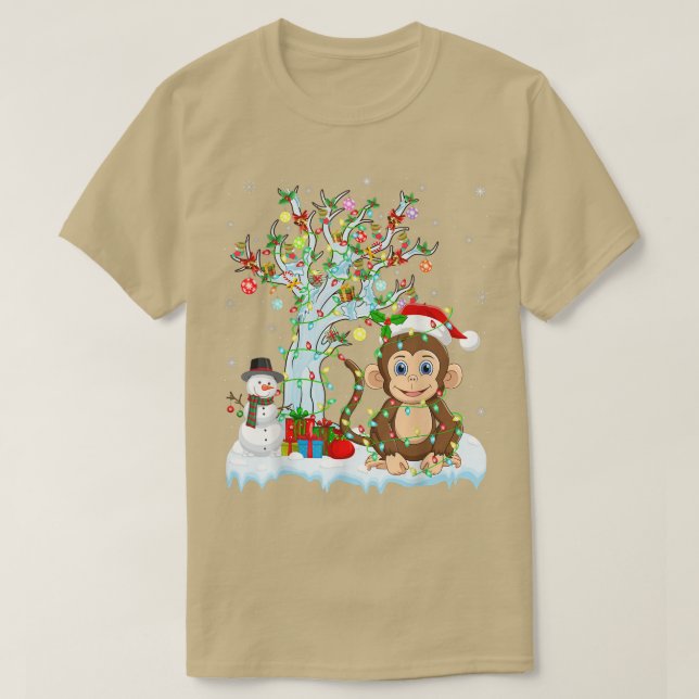 Funny Monkey Xmas Tree Lighting Santa Hat Monkey C T Shirt (Design framsida)