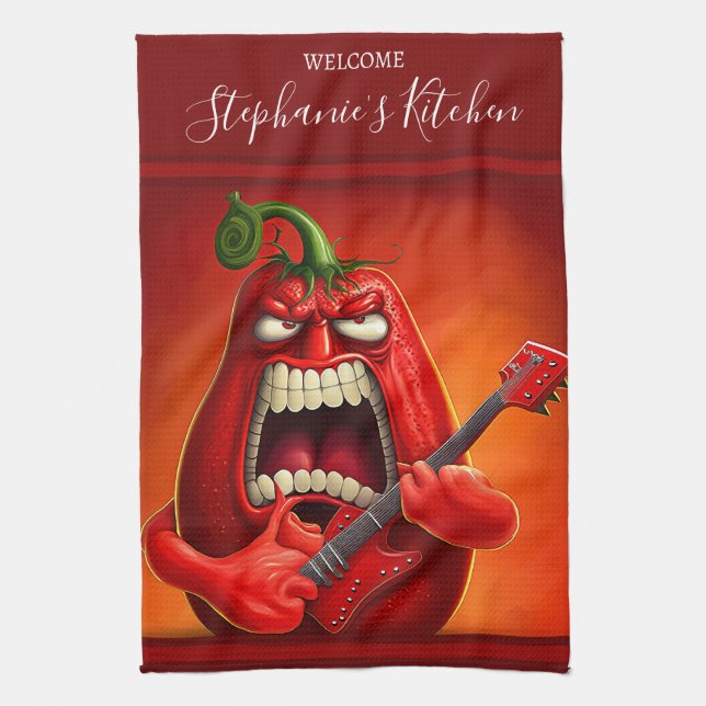 Funny Monster Red Bell Pepper Rocker Guitar Kökshandduk (Vertikal)