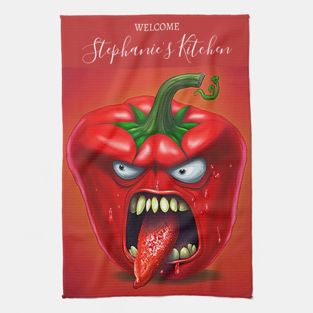 Funny Monster Red Bell Pepper Rocker Kökshandduk (Vertikal)