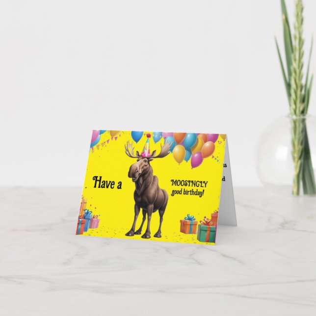 Funny Moose Birthday Hälsning med Balloons & Gift Kort (Framsida)