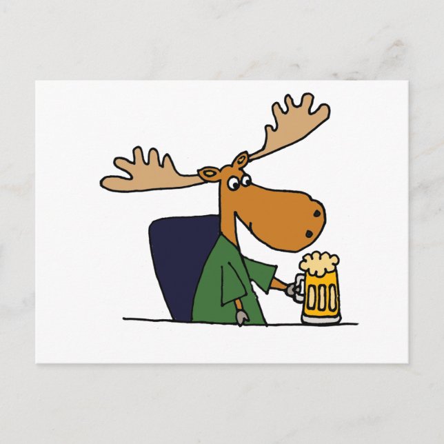 Funny Moose Drinking Beer Tecknad Vykort (Framsida)