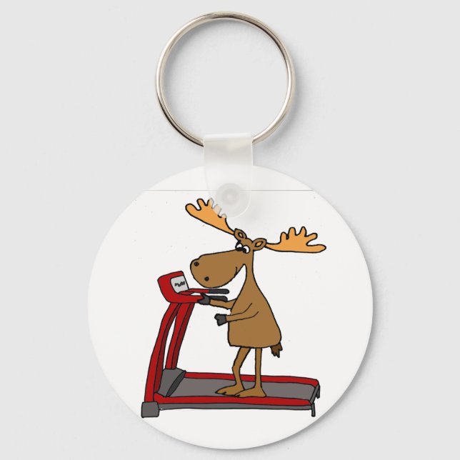 Funny Moose Exercising on Treadmill Tecknad Nyckelring (Framsida)