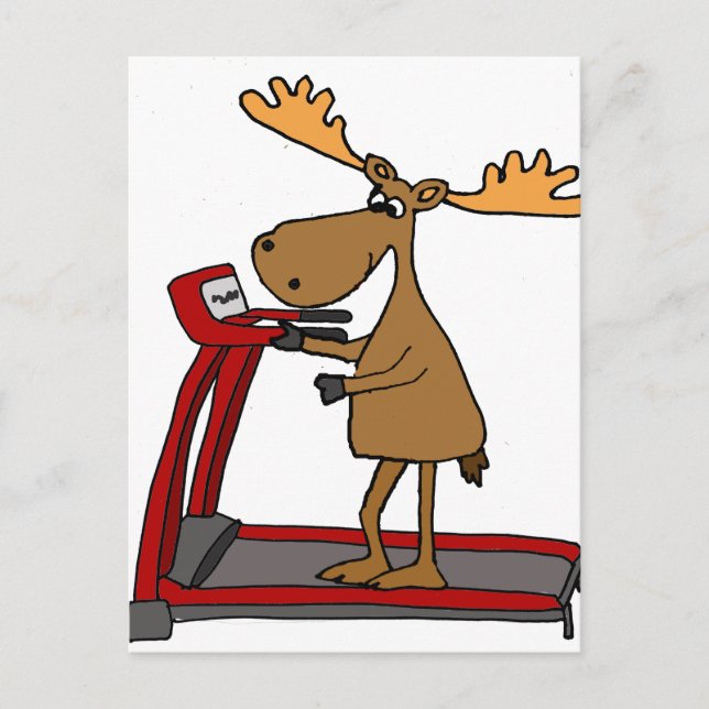 Funny Moose Exercising on Treadmill Tecknad Vykort (Framsida)