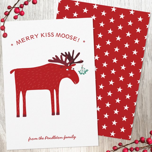 Funny Moose Helgdag Card Julkort (Merry Kiss Moose fun elk Christmas holiday postcard)
