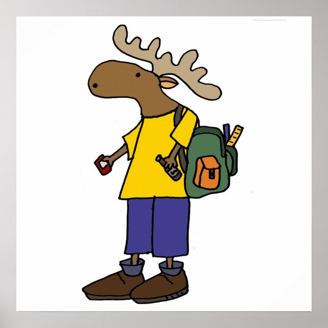 Funny Moose med ryggsäck Back to school Tecknad Poster (Framsidan)