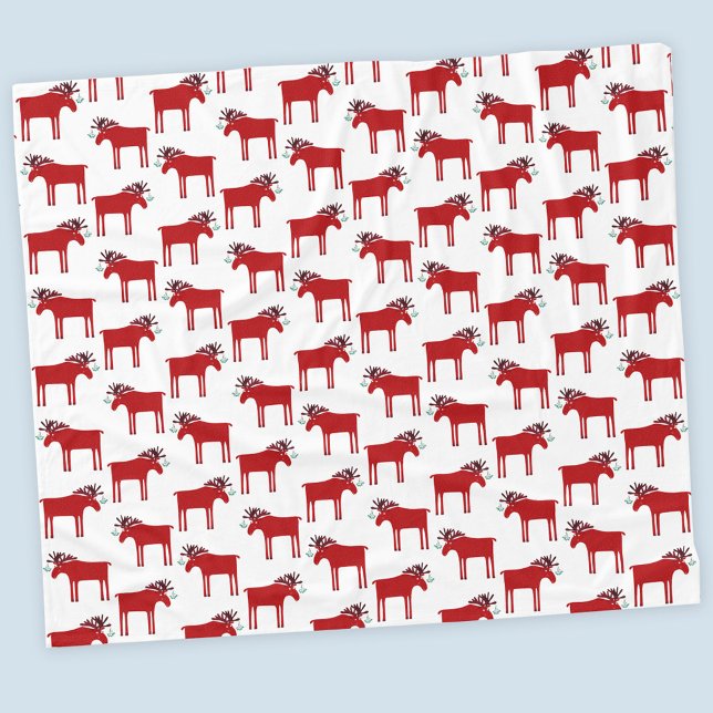 Funny Moose Red and White Helgdag Fleecefilt (Funny moose or elk holiday fleece blanket)