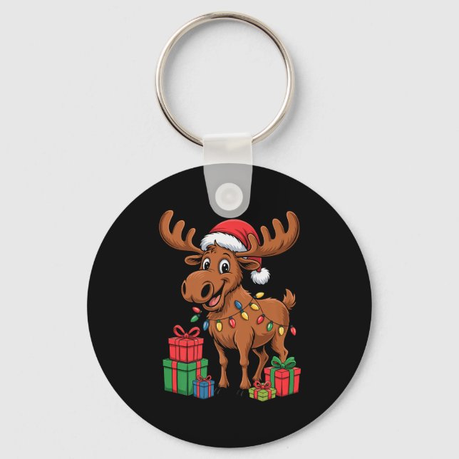 Funny Moose Santa Hat Animals Lovers Ugly Christma Nyckelring (Framsida)