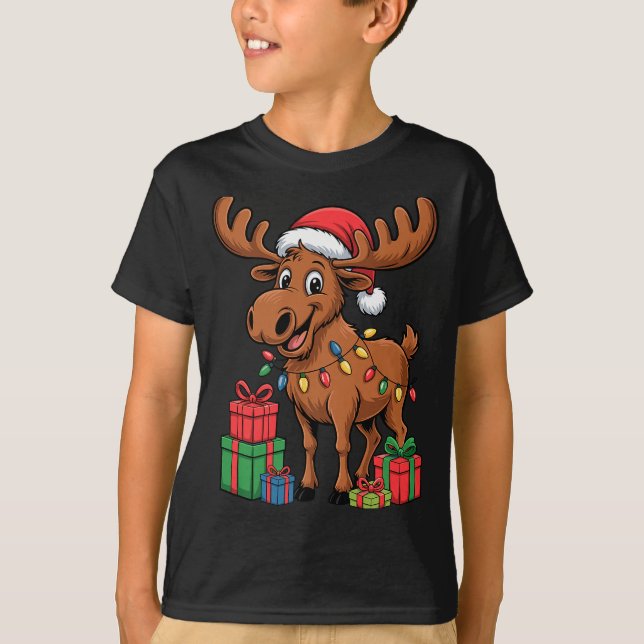 Funny Moose Santa Hat Animals Lovers Ugly Christma T Shirt (Framsida)