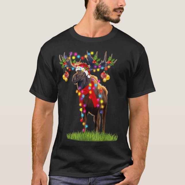 Funny Moose Santa Hat Reindeer jul Ljus Xm T Shirt (Framsida)