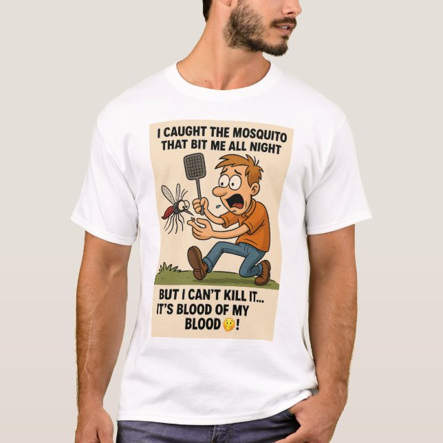 Funny Mosquito Tecknad Kryp Chase med Swatter T Shirt (Framsida)