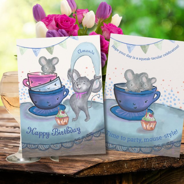 Funny möss i Tekopp - födelsedagsgaskupakort Julkort (Funny Mice in Teacup - Birthday Mice Cupcake Card)