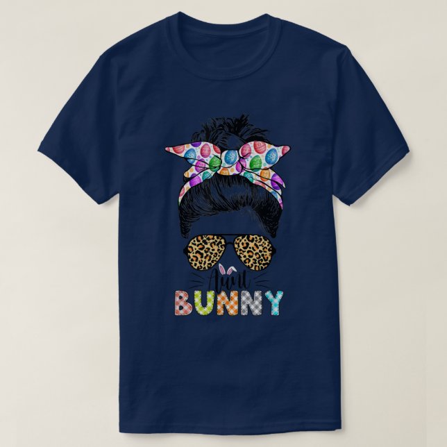 Funny Moster Bunny Leopard Messy Bun Glad påsk Da T Shirt (Design framsida)