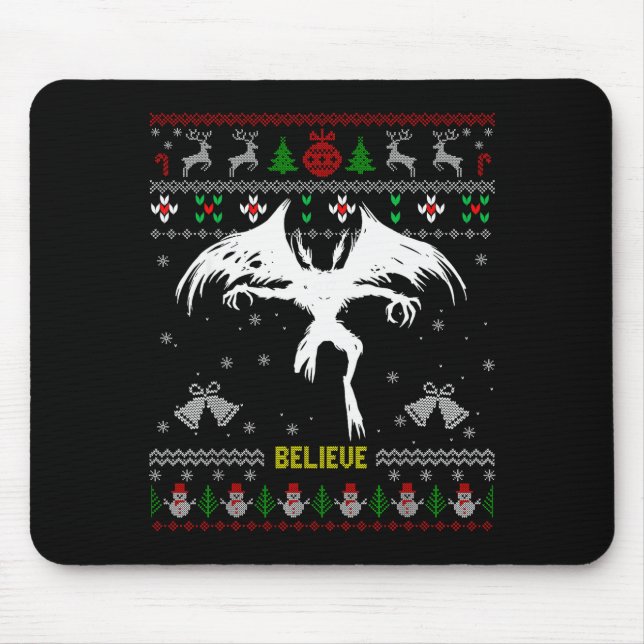 Funny Mothman Ugly Christmas Sweater Believe Crypt Musmatta (Framsidan)