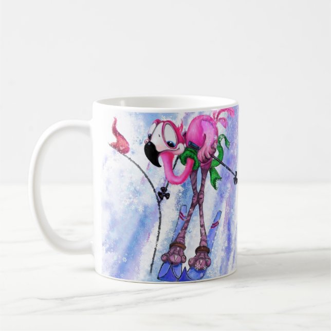 Funny Mug med Rosa Flamingo Skier Kaffemugg (Vänster)