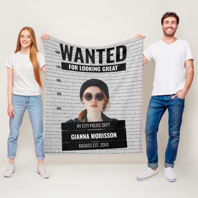 Funny Mugshot Wanted Custom Name & Text  Fleecefilt (På plats)