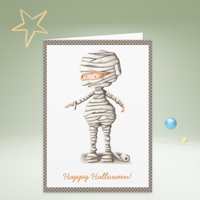 Funny Mummy Toilet Papper Son Halloween Helgdag Kort (Children Halloween Card with a kid in a mummy costume made with toilet paper)