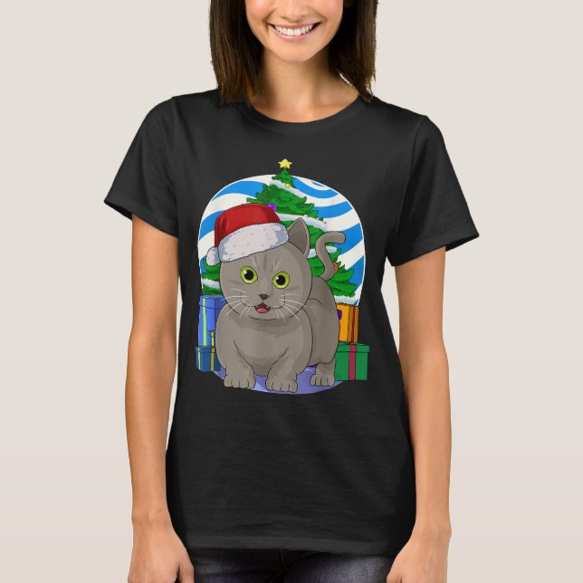 Funny Munchkin Cat Santa Julgran Decor T Shirt (Framsida)