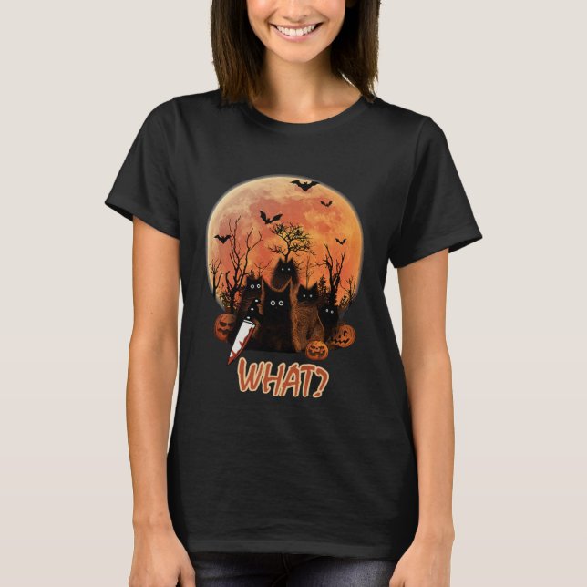 Funny Murderous Black Cat with Knife Halloween Cos T Shirt (Framsida)