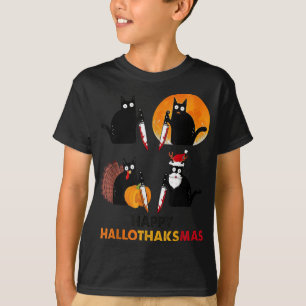Funny Murderous Cat Turkey Hallo-Tack-mas Thanksg T Shirt