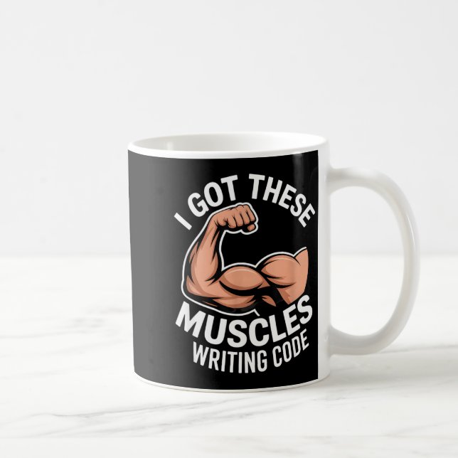 Funny muscles writing code saying programmer Funny Kaffemugg (Höger)