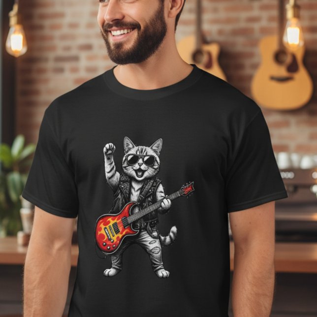 Funny Music Rock Star Cat with Guitar T-Shirt (Skapare uppladdad)