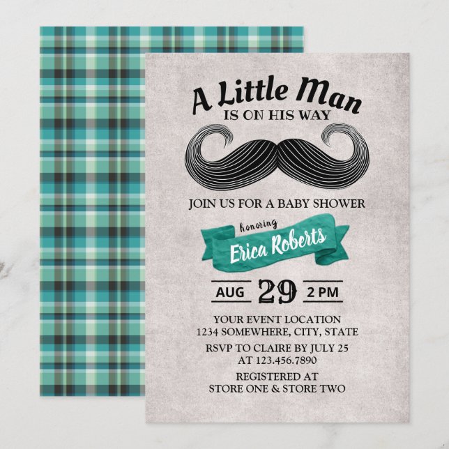 Funny Mustache Cute Little Man Teal Baby Shower Inbjudningar (Fram/baksida)