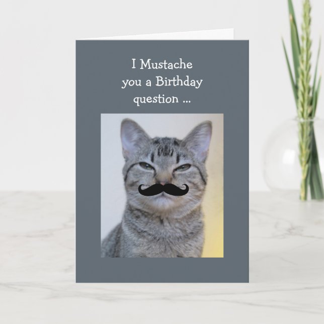 Funny Mustache-fråga Birthday Cat Kort (Framsida)