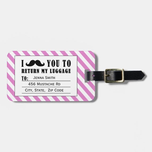 FUNNY MUSTACHE LUGGAGE TAG | ROSA RAND BAGAGEBRICKA (Horisontell Framsida)