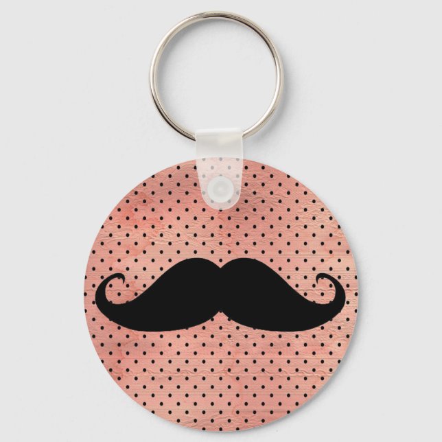 Funny Mustache på Cute Rosa Polka Dot Background Nyckelring (Framsida)