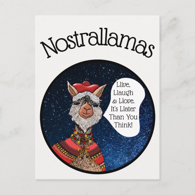 Funny Mystic Nostradamus Llama Pun inspiring Quote Vykort (Framsida)