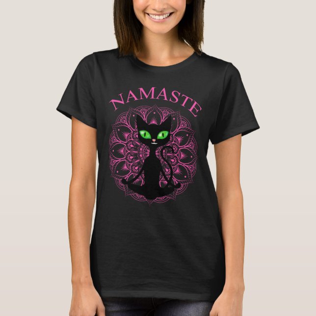 Funny Namaste Cat Yoga Rosa Mandala T Shirt (Framsida)