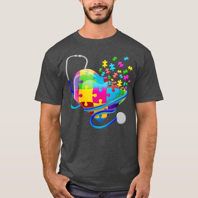 Funny näsa Autism Puzzle Stethoscope Heart (4) T Shirt (Framsida)