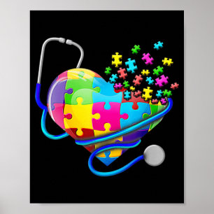 Funny näsa Autism Puzzle Stethoscope Heart T- Shir Poster