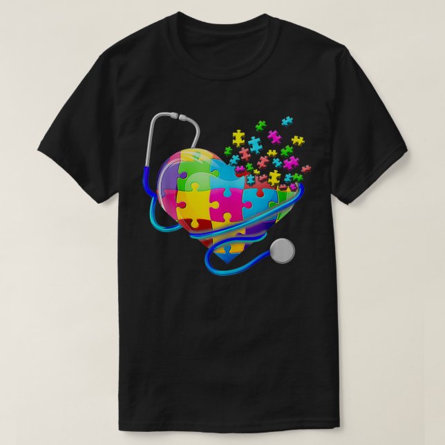 Funny näsa Autism Puzzle Stethoscope Heart T Shirt (Design framsida)