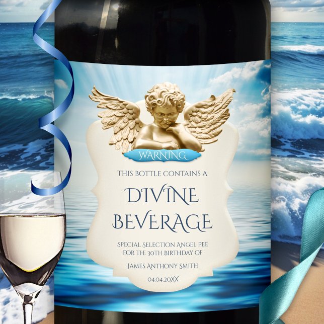 Funny nederländsk Humor Angel Birthday Vin-etikett Vinflaska Etikett (Funny angel pee divine beverage ocean personalized wine label)