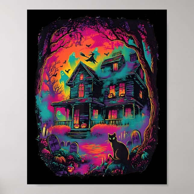 Funny Neon S Ghost Black Cat Witch Halloween Poster (Framsidan)