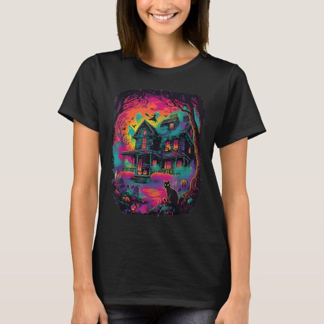 Funny Neon S Ghost Black Cat Witch Halloween T Shirt (Framsida)