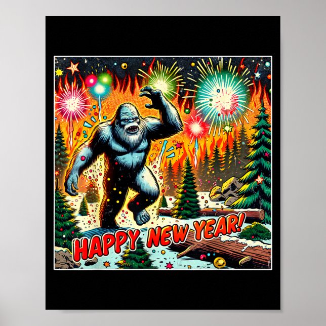 Funny New Years Eve 2024 Bigfoot And Fireworks Hum Poster (Framsidan)