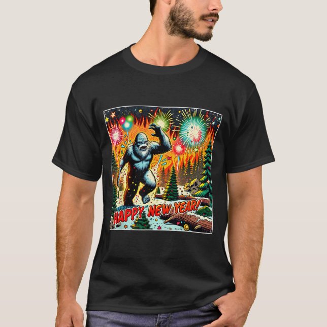 Funny New Years Eve 2024 Bigfoot And Fireworks Hum T Shirt (Framsida)