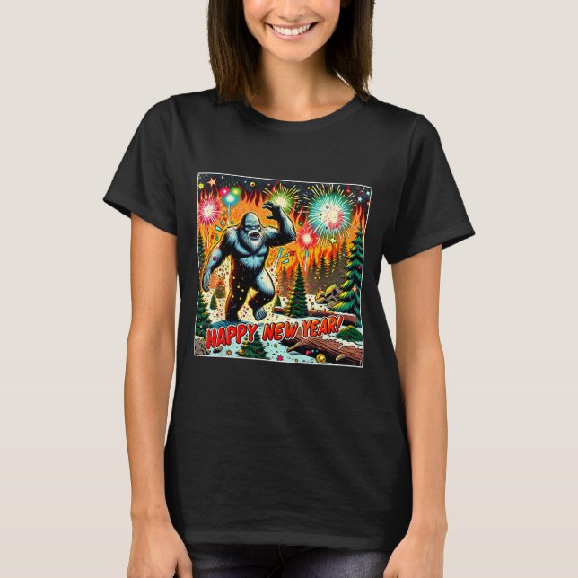 Funny New Years Eve 2024 Bigfoot And Fireworks Hum T Shirt (Framsida)