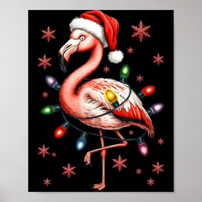 Funny Nk Flamingo Christmas Tree Lights Xmas Snowf Poster (Framsidan)