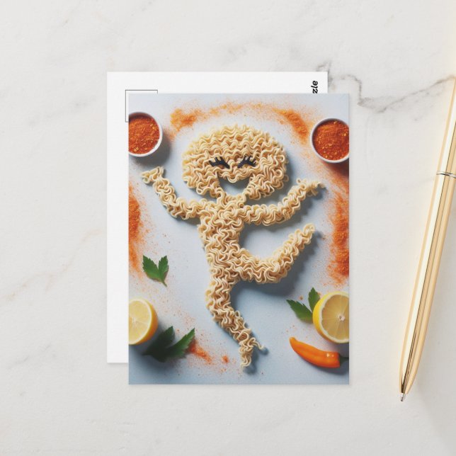 Funny Noodle Person Food Art Vykort (Fram/Back In Situ)