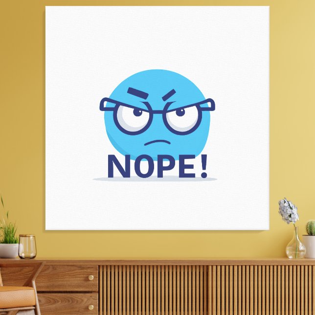 Funny Nope Emoji – Blue Angry Face with Glasses Canvastryck (Insitu (Vardagsrum))
