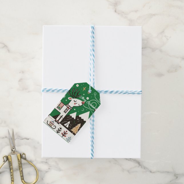 Funny Nordic Reindeer Mönster Presentetikett (Med Snöre)