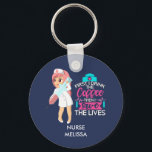 Funny Nurse Saying with Big Hypodermic Needle Nyckelring<br><div class="desc">A personalized keychain with a humorous saying: First i drink the coffee,  then I save the lives. Perfect for nurses. Featuring an illustration of a female nurse wearing a cute old fashioned nursing hat and carrying a giant hypodermic needle. Dark blue background.</div>