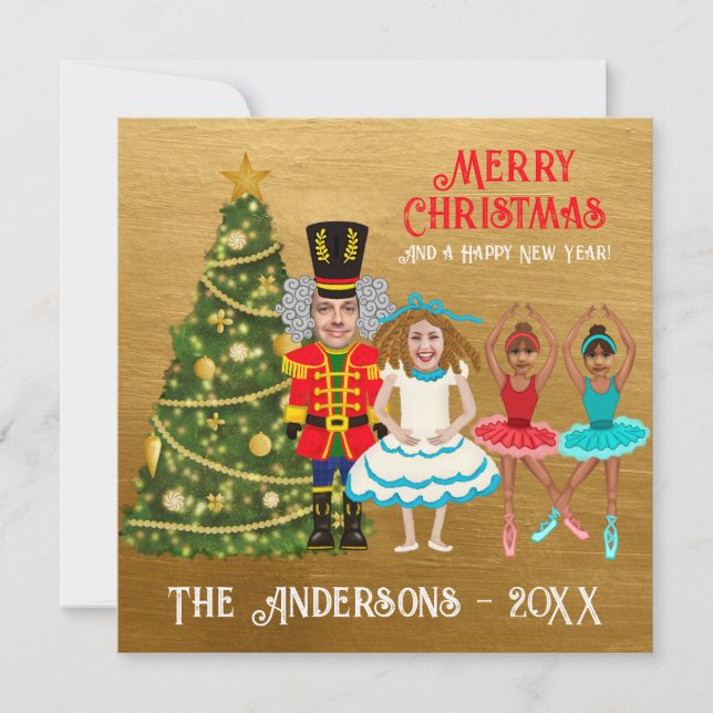 Funny Nutcracker-familj av fyra | Twin Girls Julkort (Framsida)