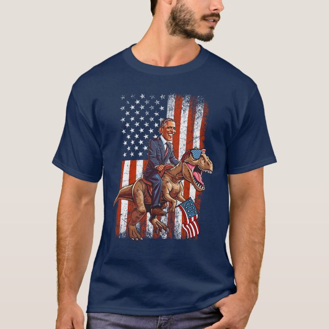 Funny Obama Riding TRex Patriotic and Sarcastic US T Shirt (Framsida)