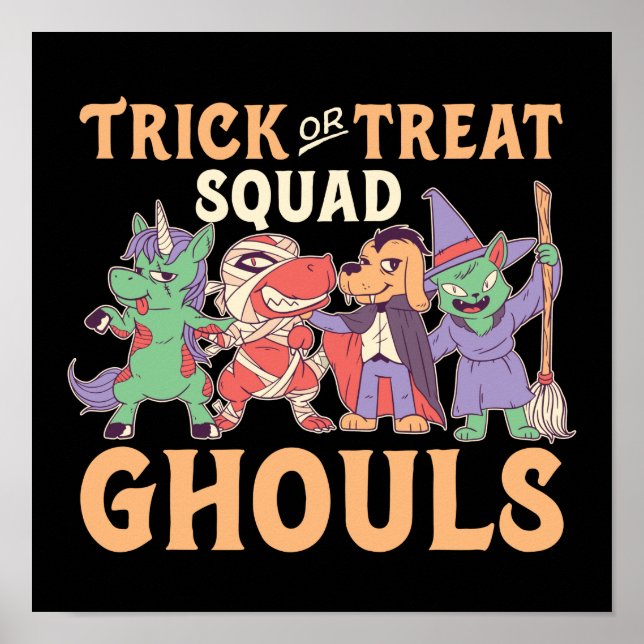 Funny och Cute Halloween Bus eller godis Squad Poster (Framsidan)