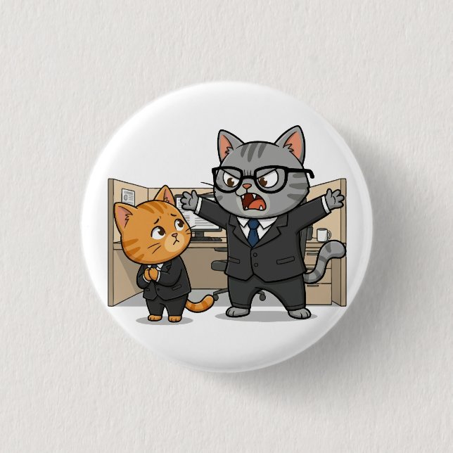 Funny Office Cat Boss Scolding Employee Button Knapp (Framsida)