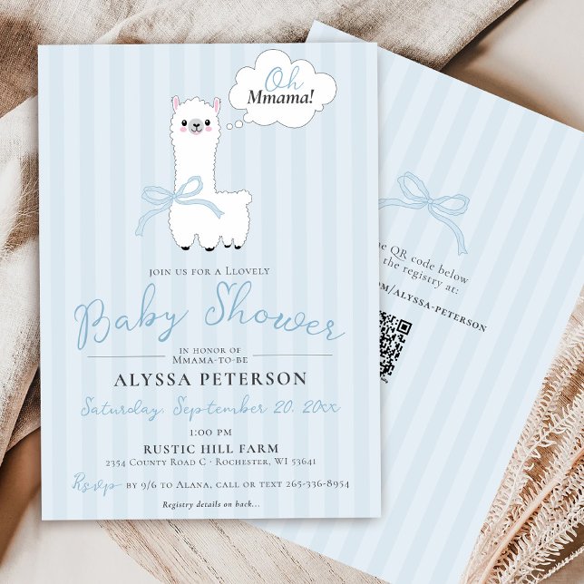 Funny Oh Mmama Llama Cute Blue Baby Boy Shower Inbjudningar (Cute Oh Mmama Llama funny farm animal blue bow stripes baby boy QR code modern shower invitation )